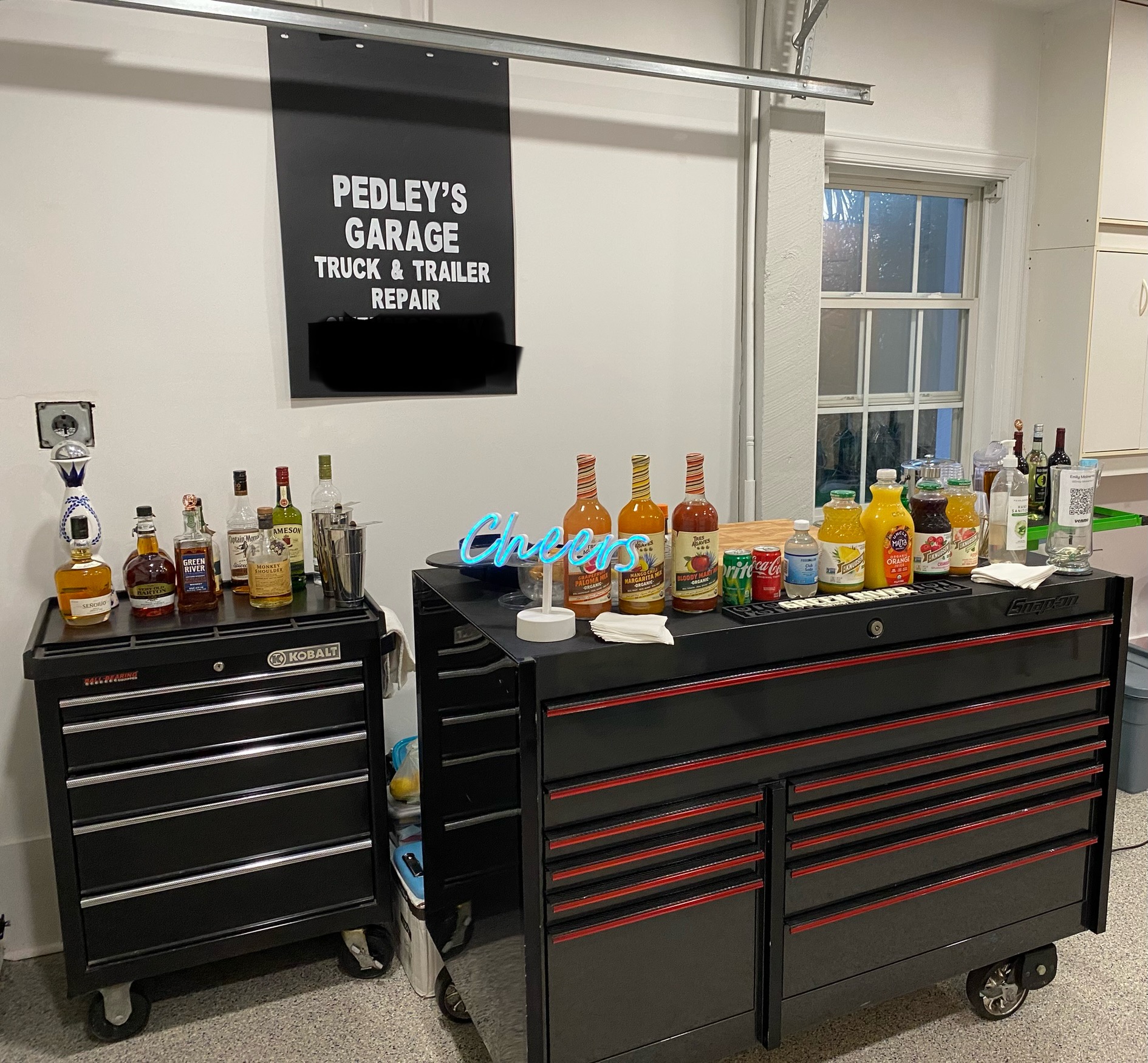 A garage bar set up on Kobalt tool cases