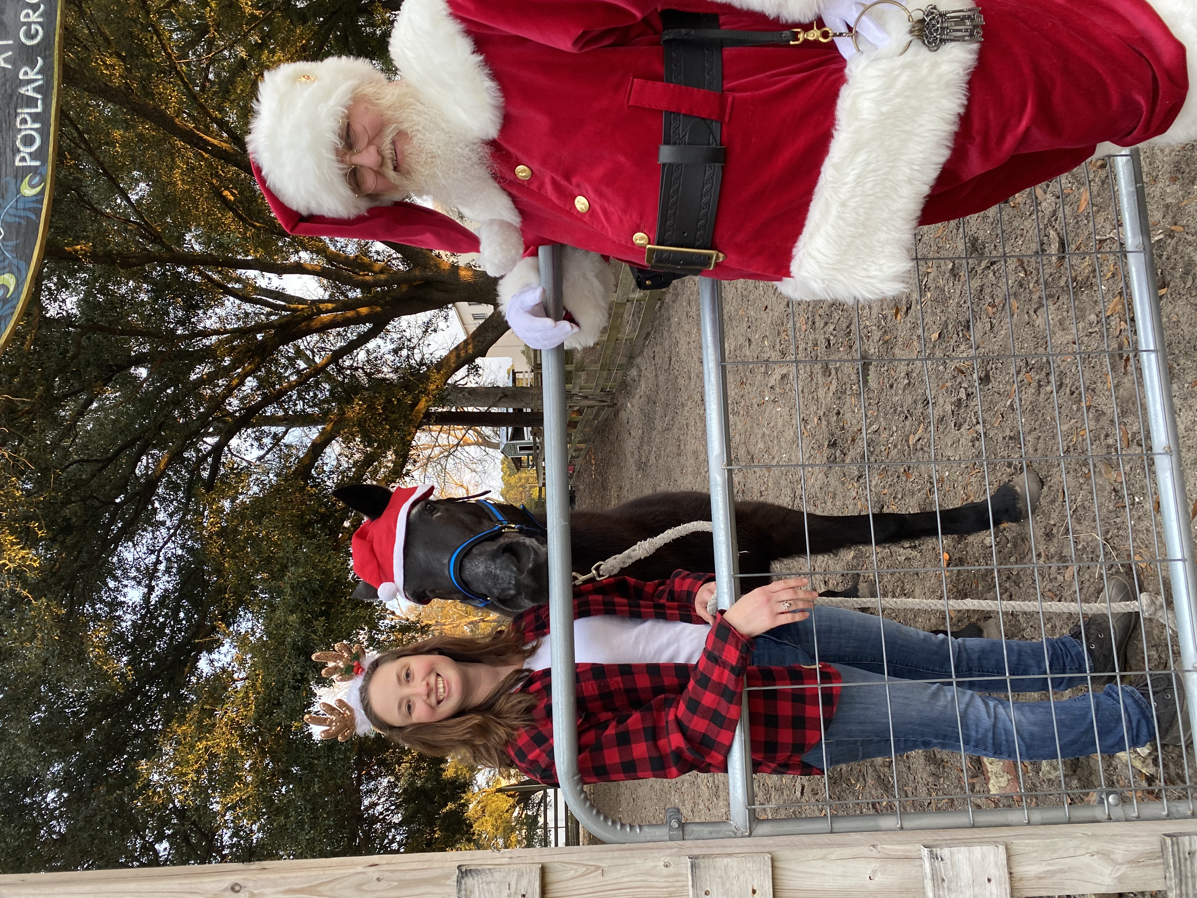 Woman and horse standing next to Santa